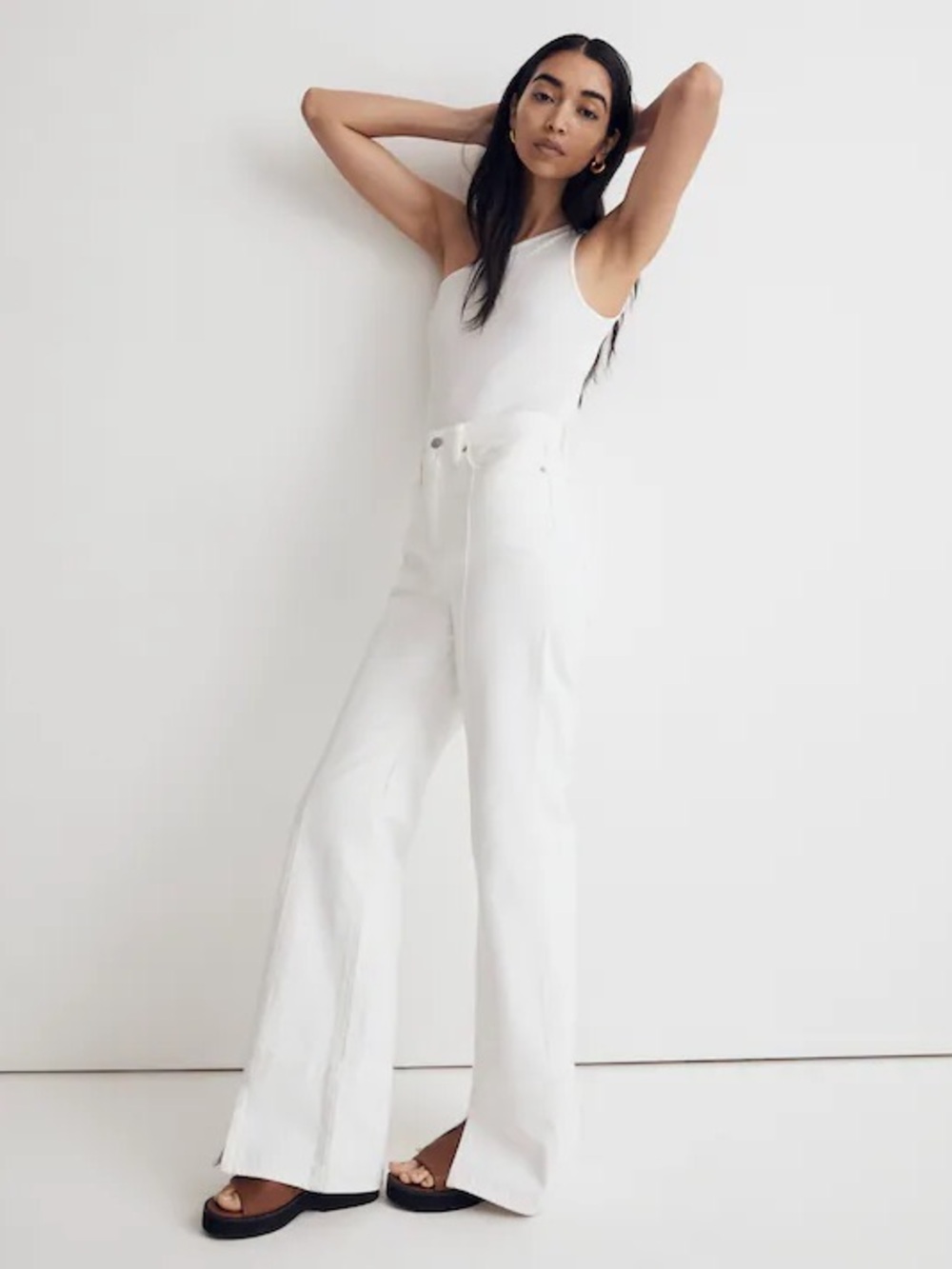 Madewell Baggy Flare Jeans  High-Rise White Split-Hem Cotton Denim Sz 28